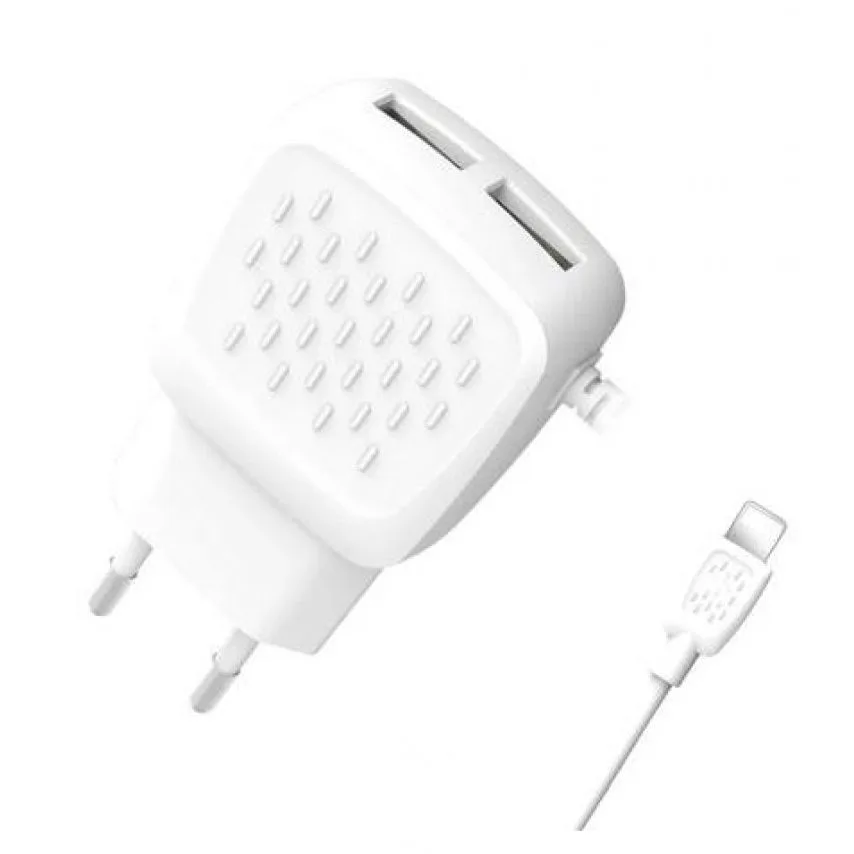 Зарядний пристрій 2в1 XO USB 2 порти 2.1A Кабель Lightning 1м Білий