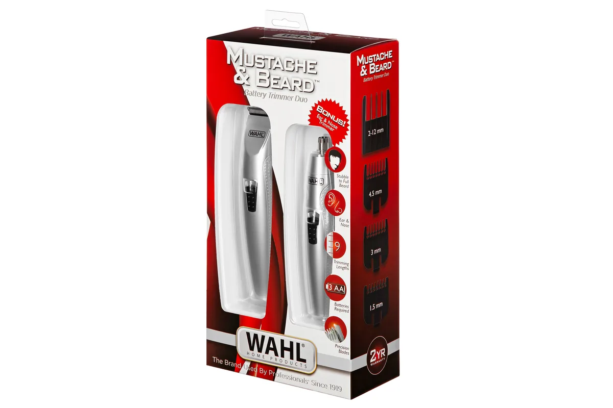 Тример WAHL для бороди та вусів, ААx3, роторний двигун, 4 насадки, тример для носа, підставка.
