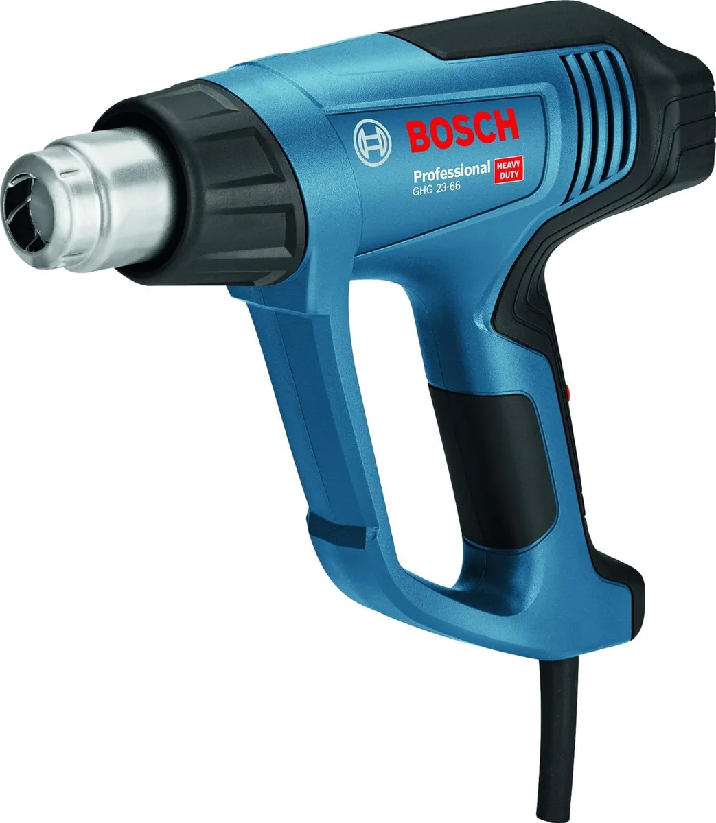 Професійний будівельний фен Bosch GHG 23-66, 2300 Вт, температура до 650°C, продуктивність 150-500 л/хв, вага 0.66 кг.