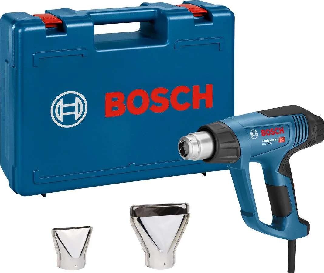 Професійний будівельний фен Bosch GHG 23-66, 2300 Вт, температура до 650°C, продуктивність 150-500 л/хв, вага 0.66 кг.