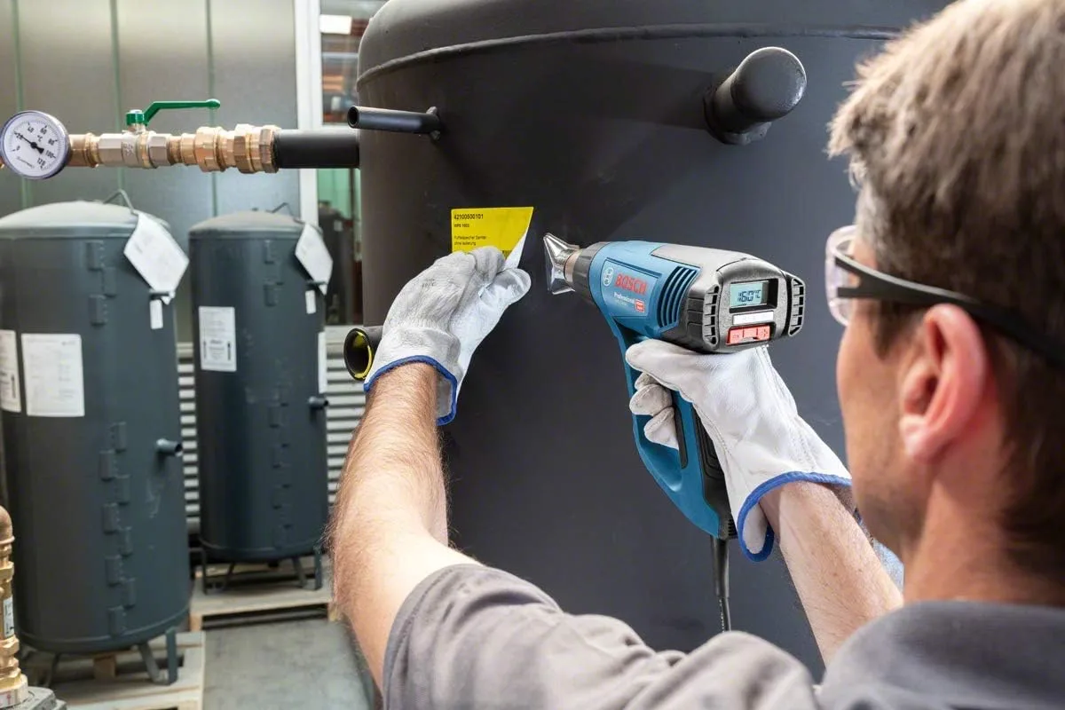 Професійний будівельний фен Bosch GHG 23-66, 2300 Вт, температура до 650°C, продуктивність 150-500 л/хв, вага 0.66 кг.