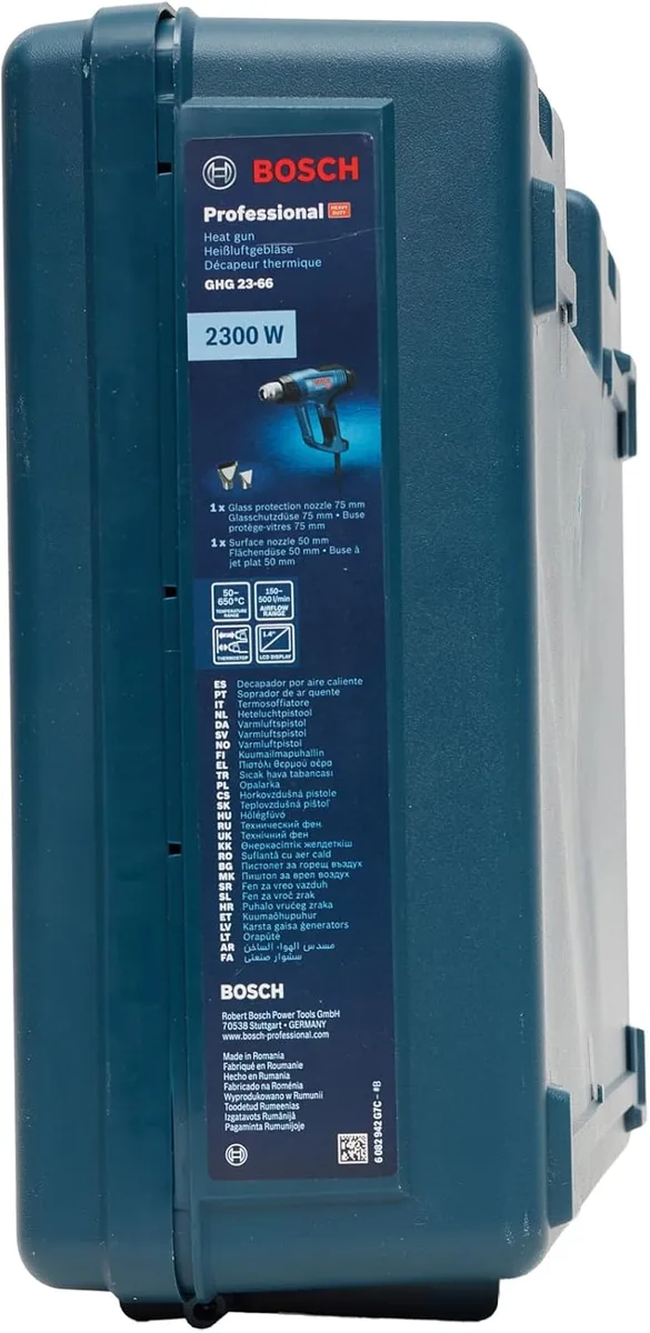 Професійний будівельний фен Bosch GHG 23-66, 2300 Вт, температура до 650°C, продуктивність 150-500 л/хв, вага 0.66 кг.