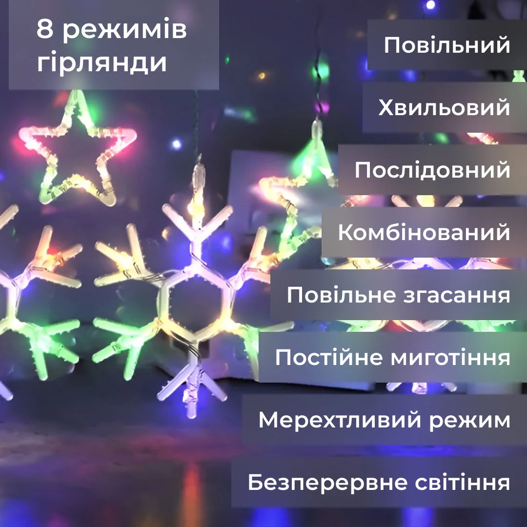 Гирлянда светодиодная штора 3х0 9 м разноцветная 145 LED снежинка звезда
