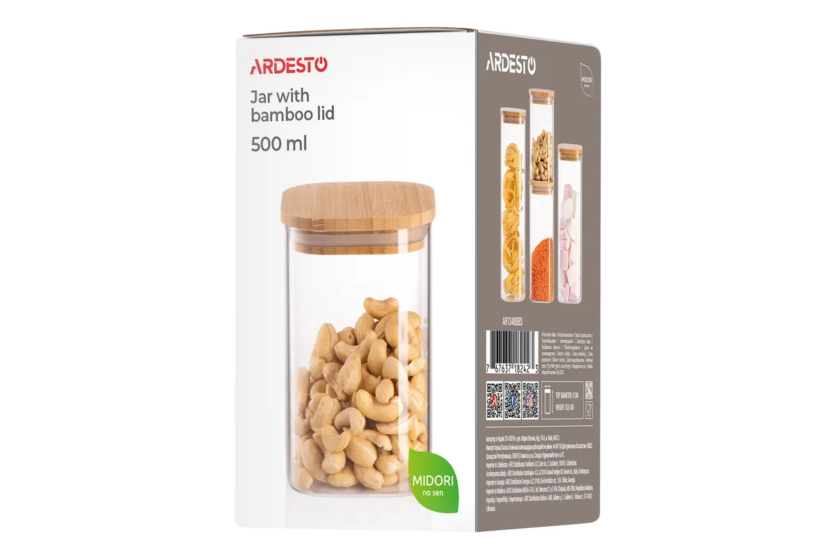 Контейнер для зберігання Ardesto Midori 500 мл, скляний, з бамбуковою кришкою, квадратної форми, прозорий.