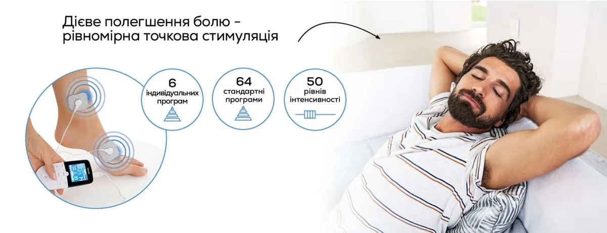 Електростимулятор м'язів Beurer, 3 батареї AAA, вага 0,117 кг, 35 режимів для релаксації, білий колір.