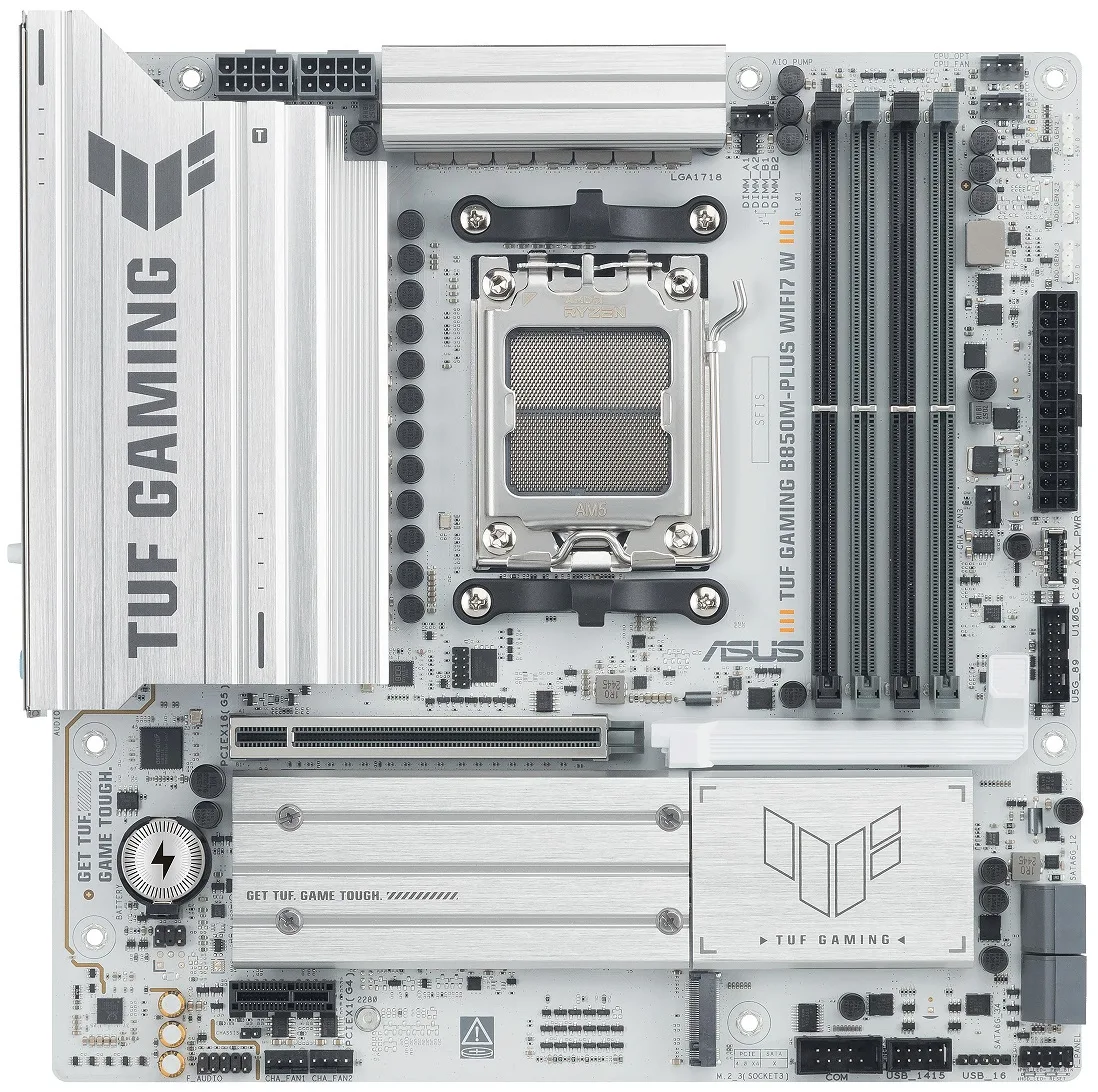 Материнcька плата ASUS TUF GAMING B850M-PLUS WIFI7 W sAM5 B850 4xDDR5 M.2 HDMI DP Wi-Fi BT mATX білий