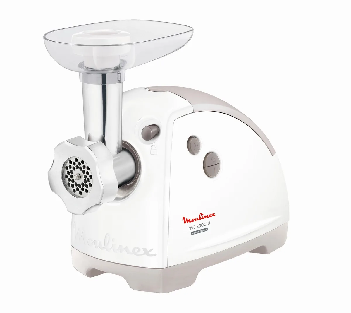 М'ясорубка Moulinex, 2000 Вт, продуктивність 2.6 кг/хв, 3 насадки для різання, насадка для ковбас і кеббе, 5 терок, пластиковий ко