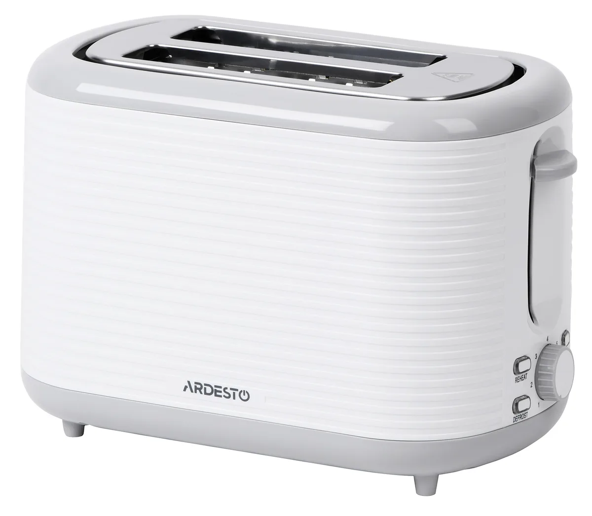 Тостер ARDESTO White Stripes T-F17WG 930Вт, пластиковий, білий з сірими акцентами.
