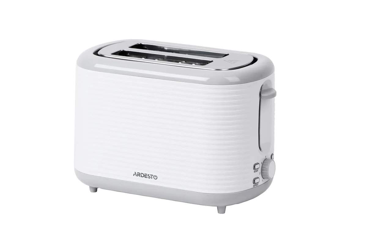 Тостер ARDESTO White Stripes T-F17WG 930Вт, пластиковий, білий з сірими акцентами.