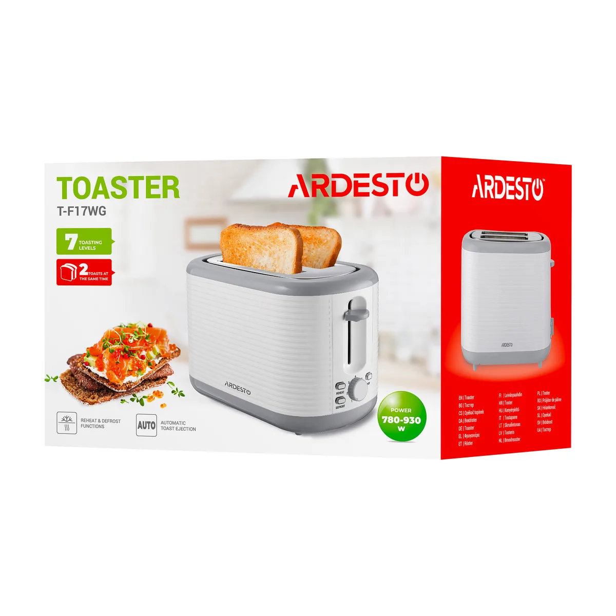 Тостер ARDESTO White Stripes T-F17WG 930Вт, пластиковий, білий з сірими акцентами.