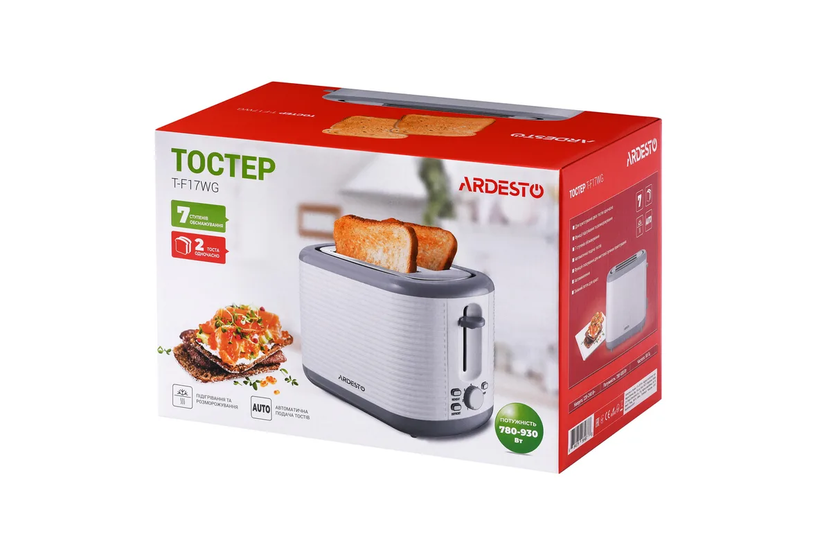 Тостер ARDESTO White Stripes T-F17WG 930Вт, пластиковий, білий з сірими акцентами.