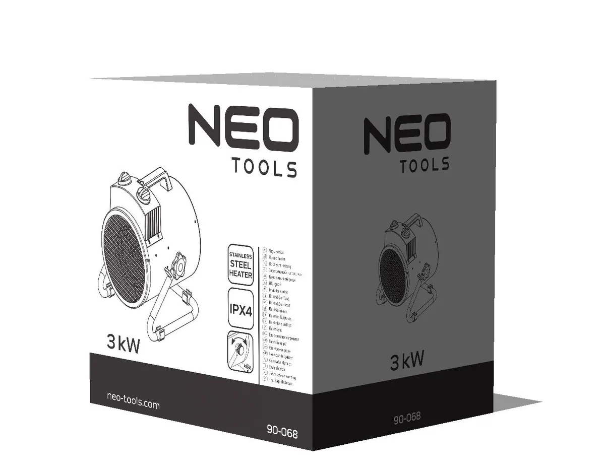 Електрична тепловентиляторна гармата Neo Tools, потужність 3 кВт, для приміщень до 80 м2, продуктивність 354 м3/год, нагрівальний