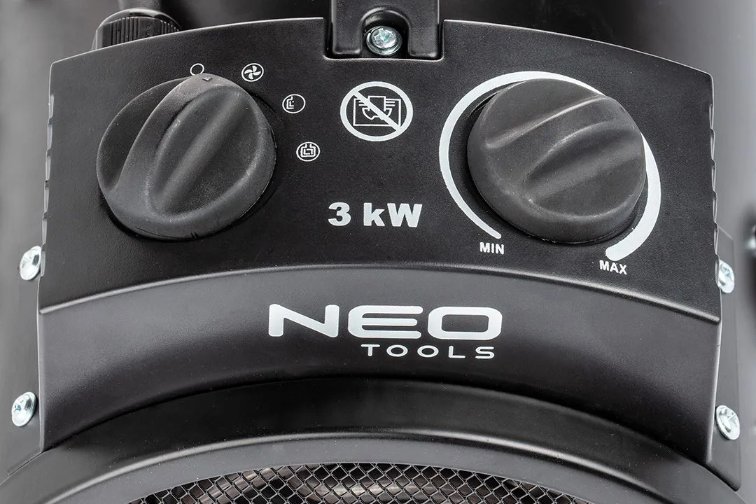 Електрична тепловентиляторна гармата Neo Tools, потужність 3 кВт, для приміщень до 80 м2, продуктивність 354 м3/год, нагрівальний