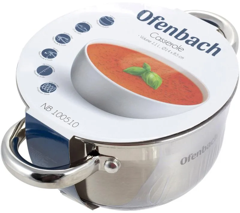 Каструля Ofenbach нержавіюча сталь 1100 мл з кришкою скляною 14 см