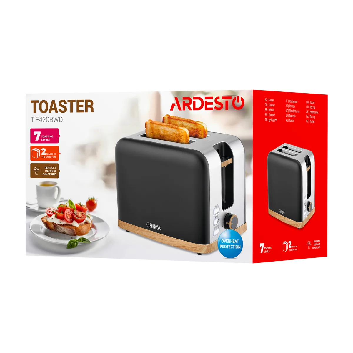 Тостер ARDESTO Wood Modern, 800Вт, металевий, на 2 тости, чорного кольору.