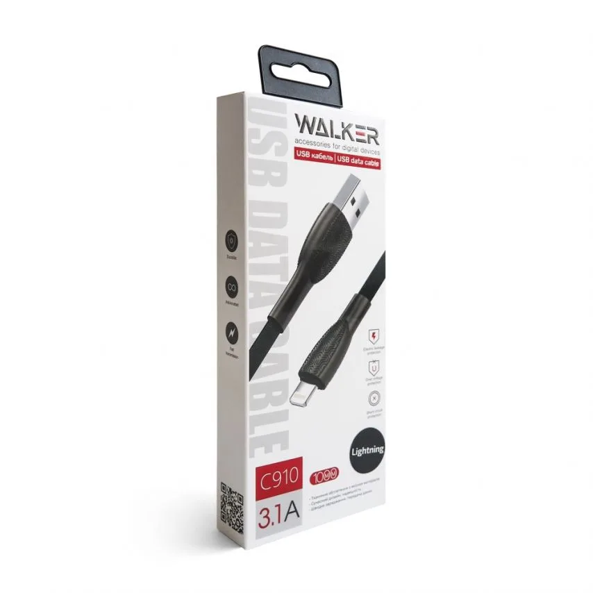 Кабель USB WALKER тканевый 1 м черный Lightning 3,1 А Quick Charge