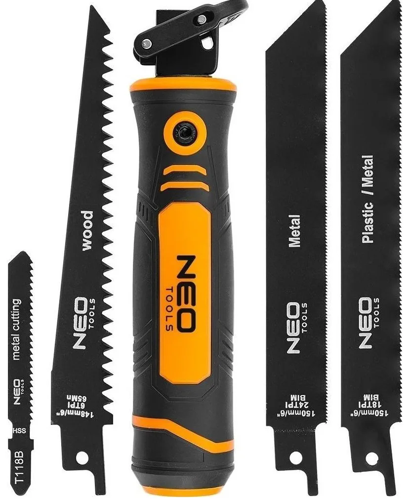 Садова пила Neo Tools з тримачем, 15 см, 24 TPI, 18 TPI, 6 TPI, ергономічне двокомпонентне руків'я, вага 0.182 кг.