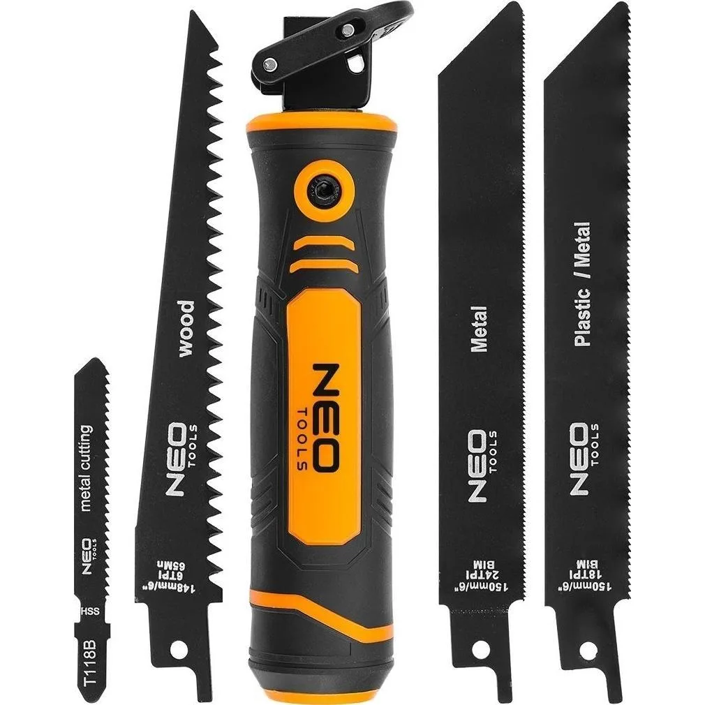 Садова пила Neo Tools з тримачем, 15 см, 24 TPI, 18 TPI, 6 TPI, ергономічне двокомпонентне руків'я, вага 0.182 кг.