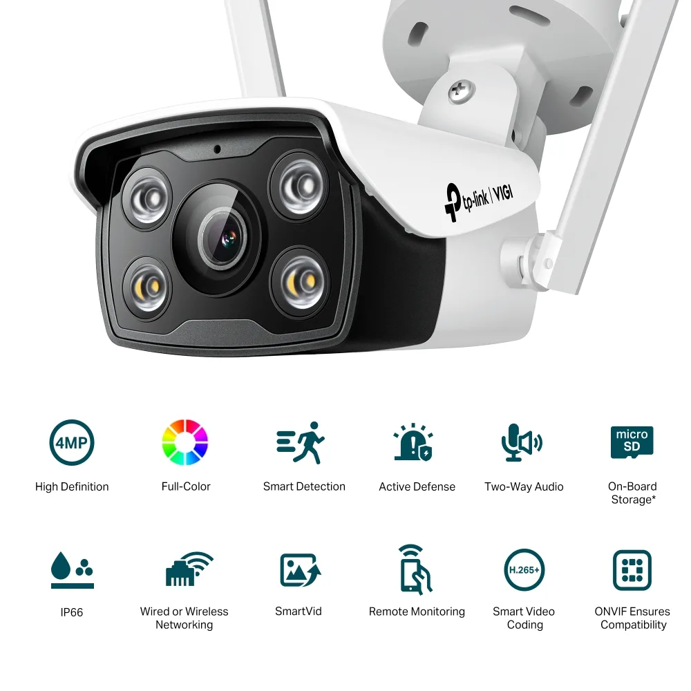 IP-камера TP-LINK VIGI С340-W-4, PoE, 4 Мп, 4 мм, Wi-Fi, H265+, IP66, Bullet, цветное ночное видение, внешняя.