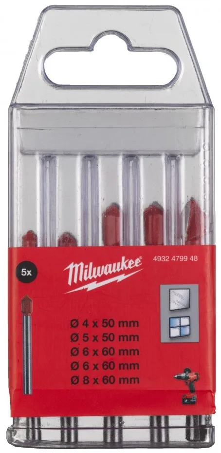 Набір свердел для скла та плитки Milwaukee GENII, 4-8 мм, у кейсі, 5 шт.
