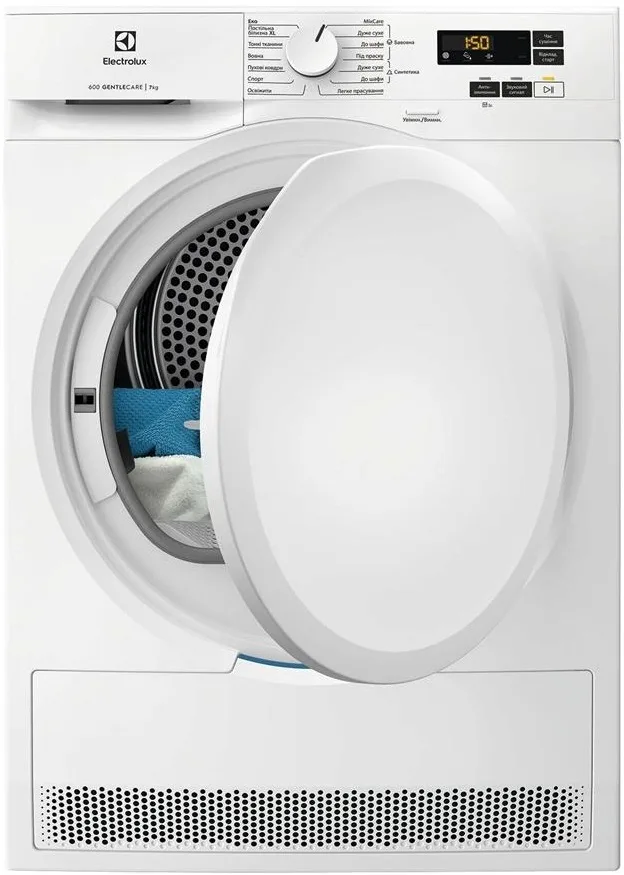 Сушильна машина Electrolux з тепловим насосом, 7 кг, клас енергоефективності A++, 64 см, з дисплеєм, біла.
