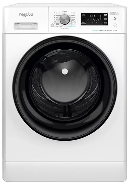Стиральная машина Whirlpool, фронтальная, 9 кг, 1400 об/мин, класс энергоэффективности A+++, 60 см, с дисплеем, функцией пара, инверторным мотором, черный люк, белый корпус