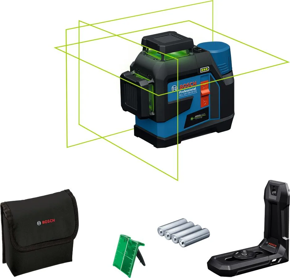 Лазерний нивелір Bosch GLL 12V-100-33 CG 12В/4АА до 30м з точністю ±0.3мм/м, зелений промінь, у комплекті чохол, вага 1.76кг.