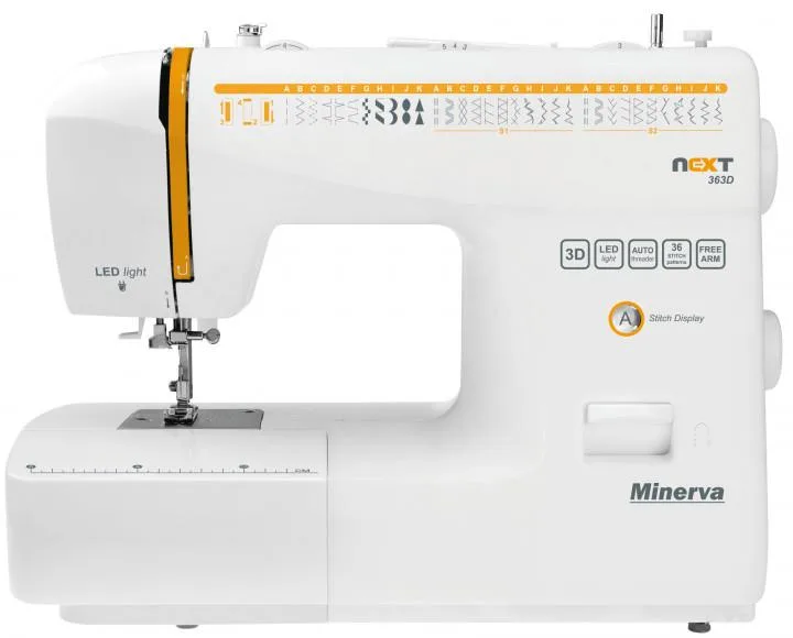 Швейна машина MINERVA NEXT 363D, електромеханічна, 85 Вт, 36 швів, напівавтоматична петля, білий з оранжевим.