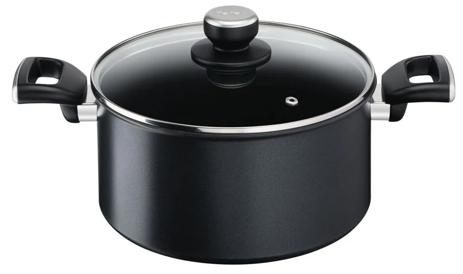 Каструля з кришкою Tefal Unlimited, 24 см, 5.3 л, алюмінієва, бакелітова ручка, скляна кришка, чорного кольору.