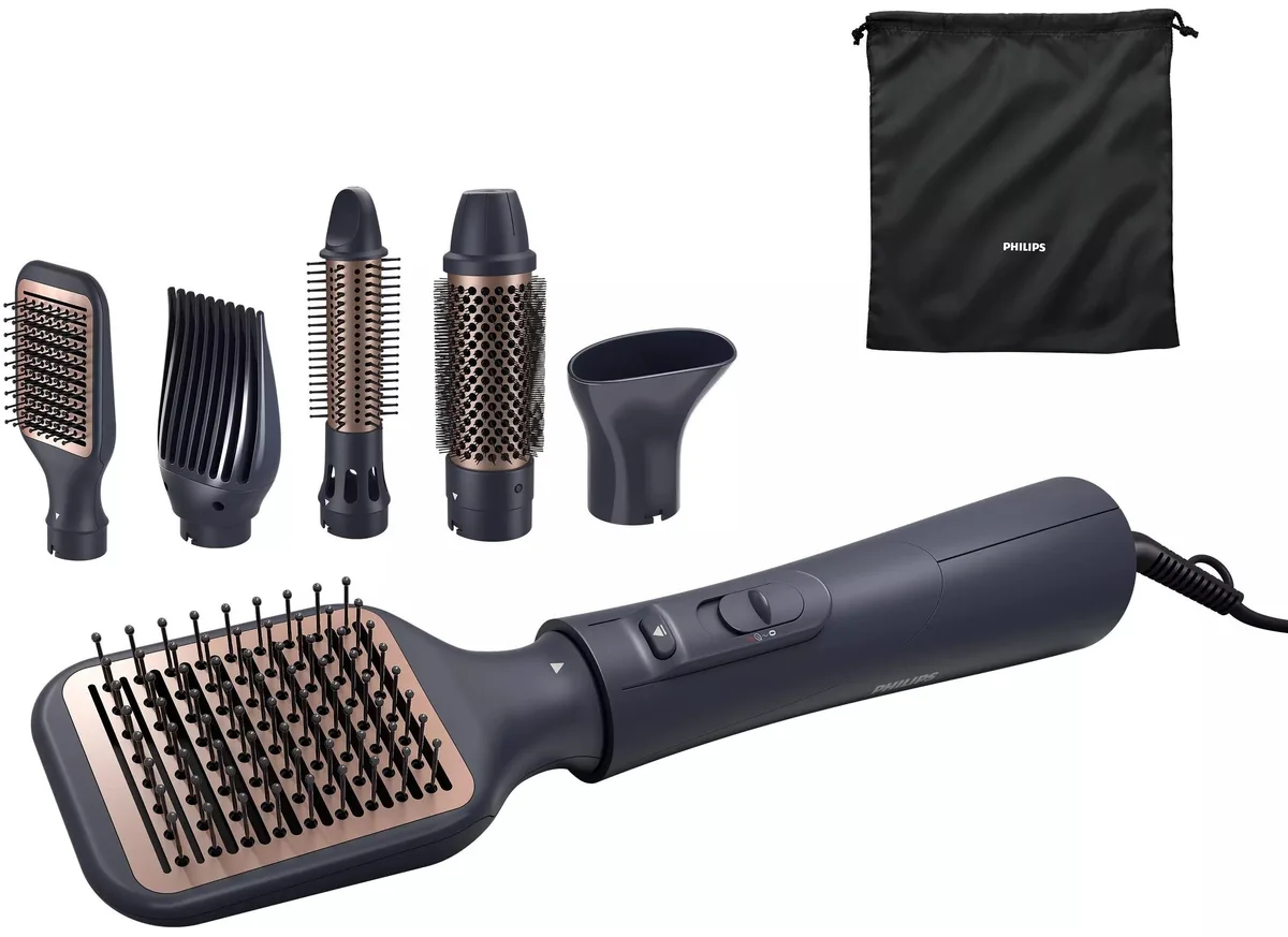 Фен-щітка Philips 5000 Series, 1000 Вт, 3 режими, іонізація, 5 насадок, синій колір.