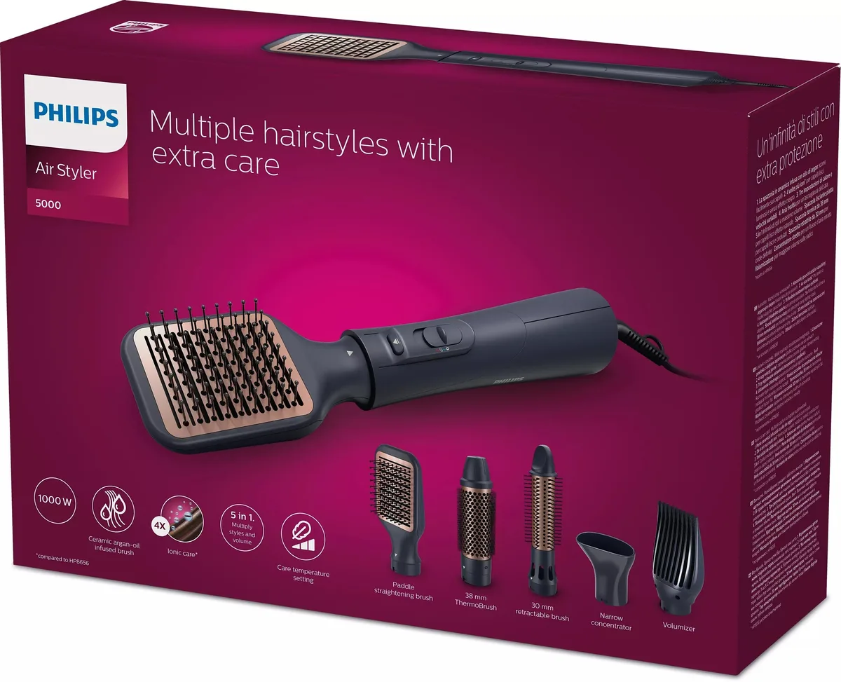 Фен-щітка Philips 5000 Series, 1000 Вт, 3 режими, іонізація, 5 насадок, синій колір.