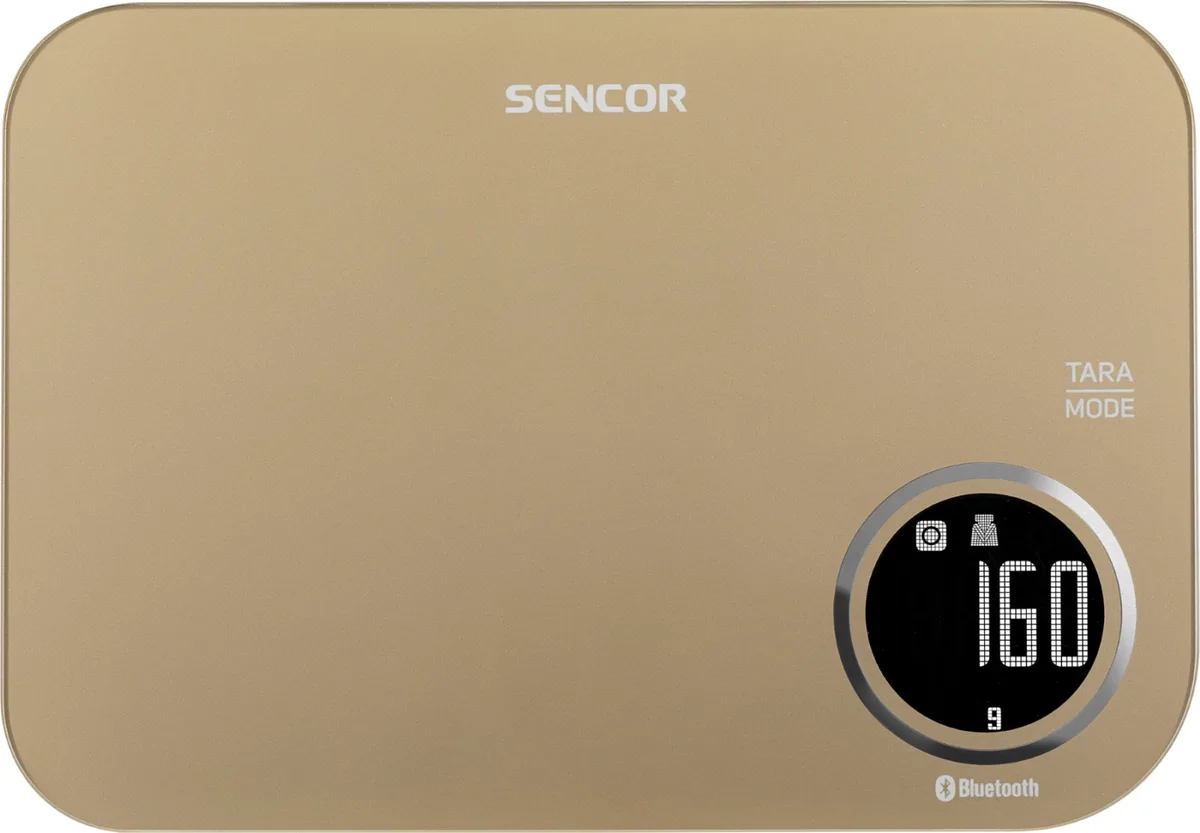 Кухонні ваги Sencor, 5 кг, з Bluetooth підключенням до смартфона, живлення від 2 батарейок AAA, пластиковий корпус, бронзовий колі