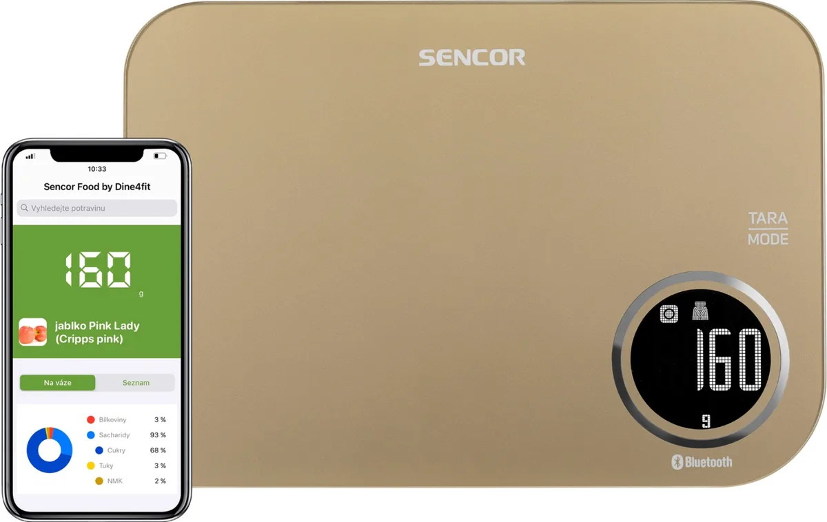 Кухонні ваги Sencor, 5 кг, з Bluetooth підключенням до смартфона, живлення від 2 батарейок AAA, пластиковий корпус, бронзовий колі