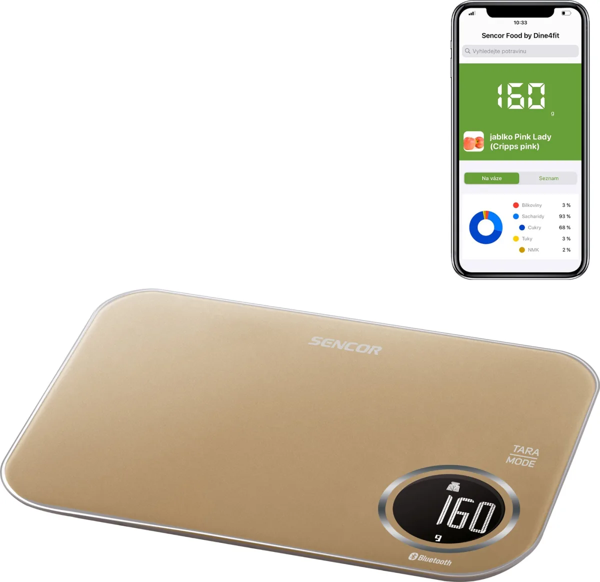 Кухонні ваги Sencor, 5 кг, з Bluetooth підключенням до смартфона, живлення від 2 батарейок AAA, пластиковий корпус, бронзовий колі