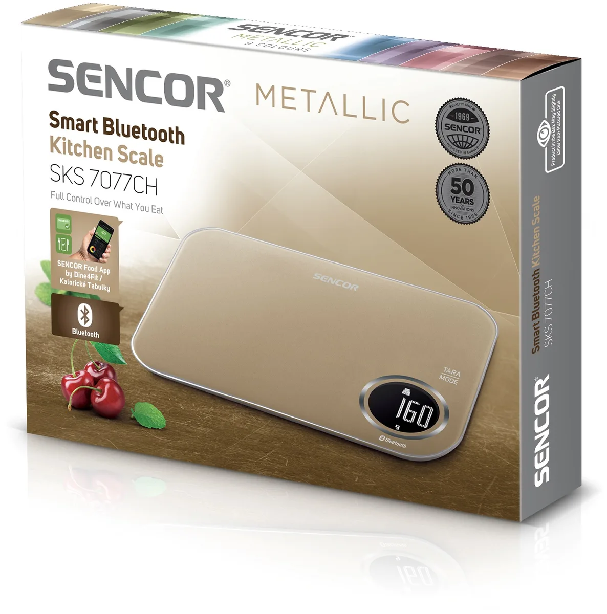 Кухонні ваги Sencor, 5 кг, з Bluetooth підключенням до смартфона, живлення від 2 батарейок AAA, пластиковий корпус, бронзовий колі
