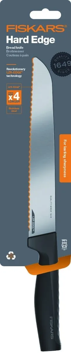 Кухонний ніж для хліба Fiskars Hard Edge, 22 см, з нержавіючої сталі, пластикова ручка, чорного кольору.
