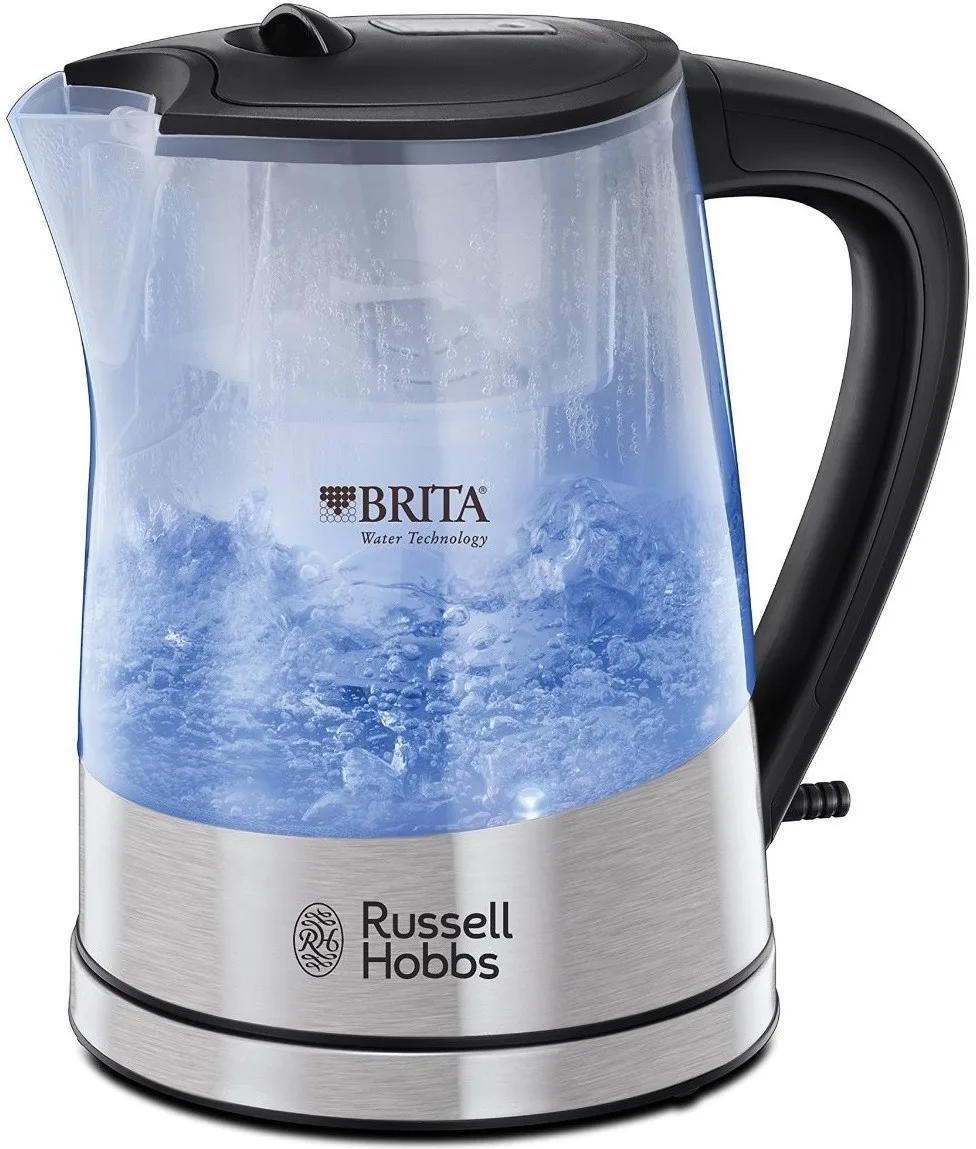 Электрочайник Russell Hobbs Purity 1л стеклянный с фильтром Brita, серебристого и черного цвета.