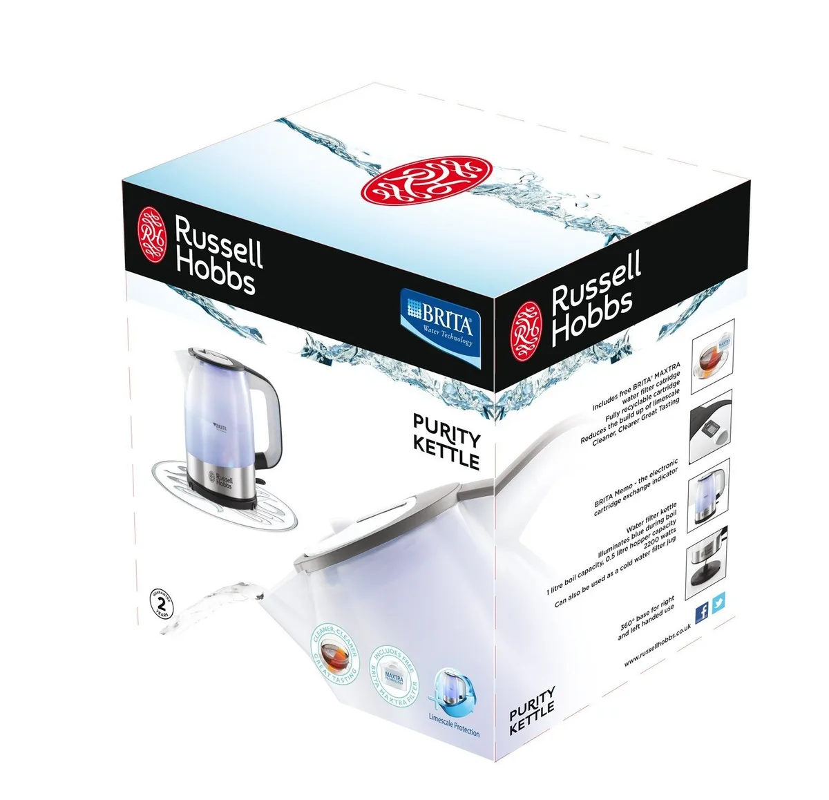 Електрочайник Russell Hobbs Purity 1л, скляний, з фільтром Brita, сріблястого та чорного кольору.