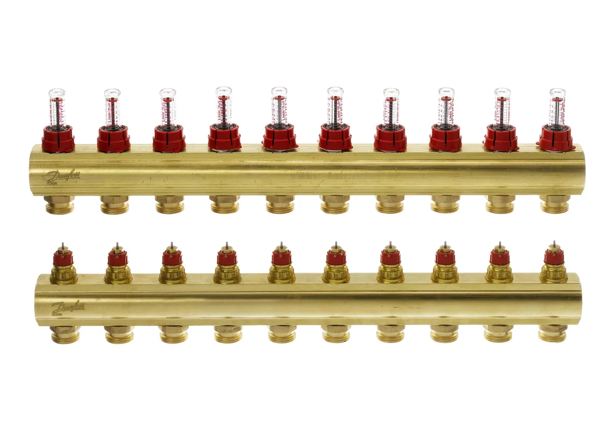 Розподільний колектор Danfoss FHF-F, 10+10 контурів, з ротаметрами, латунь