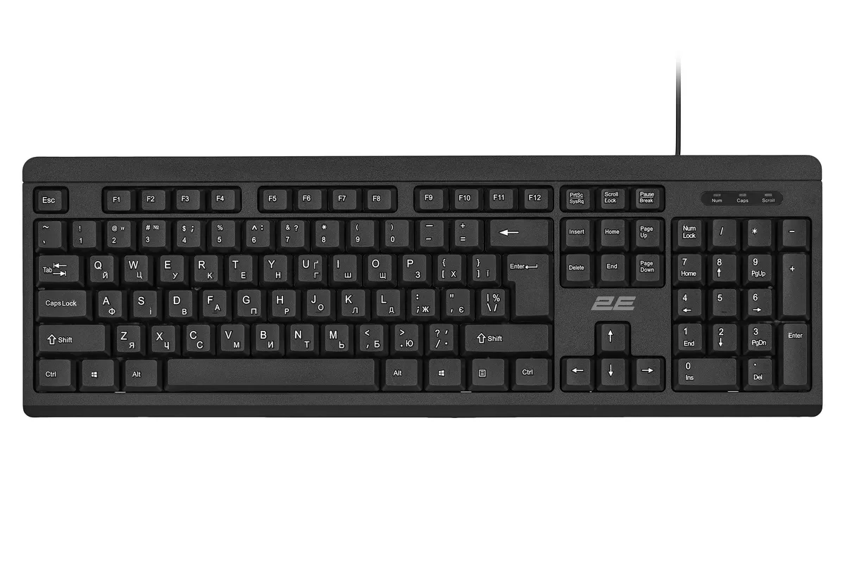 Клавіатура мембранна 2E USB чорна повнорозмірна 104 клавіші
