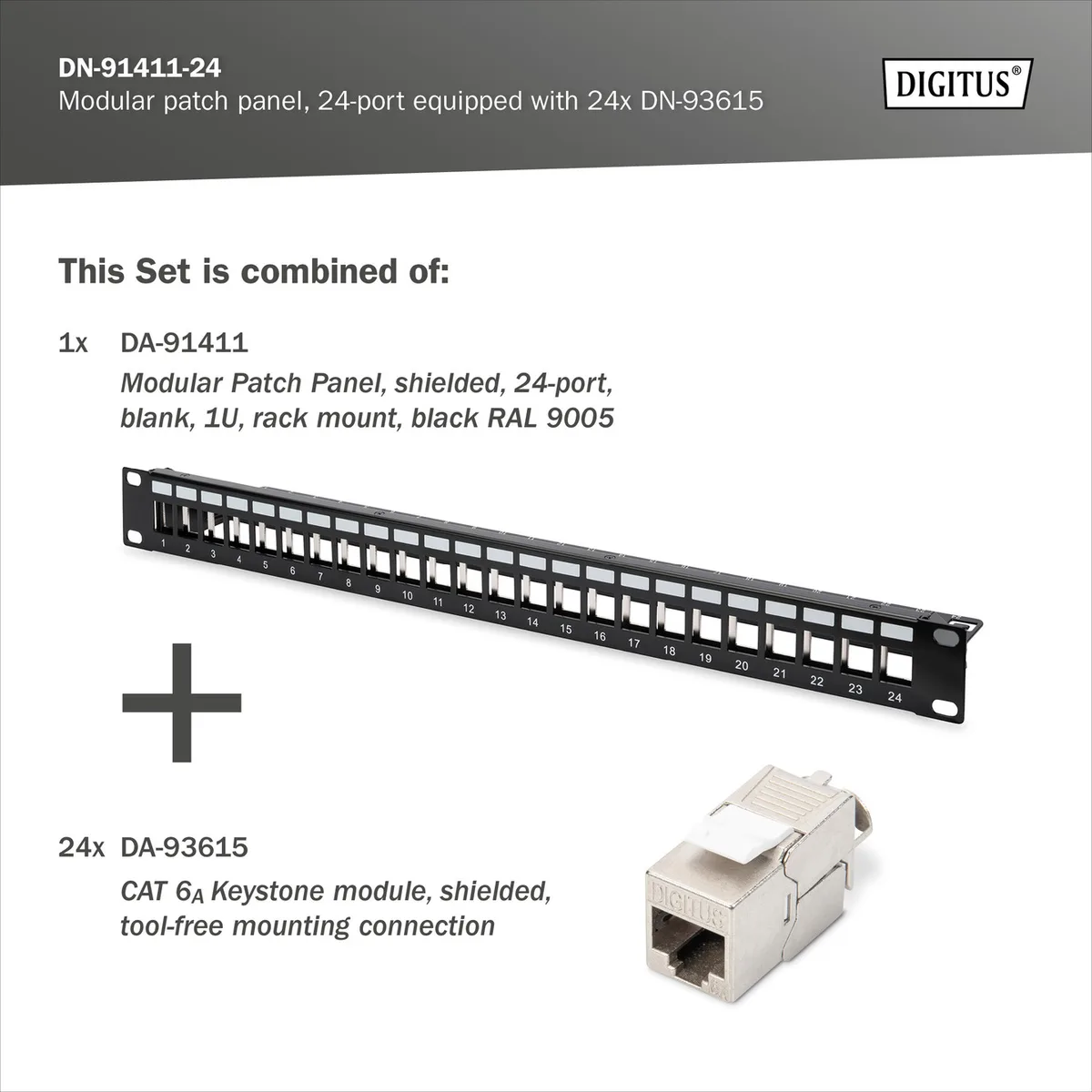 Патч-панель DIGITUS CАТ 6А STP, 19", 1U, 24 порти, модульна