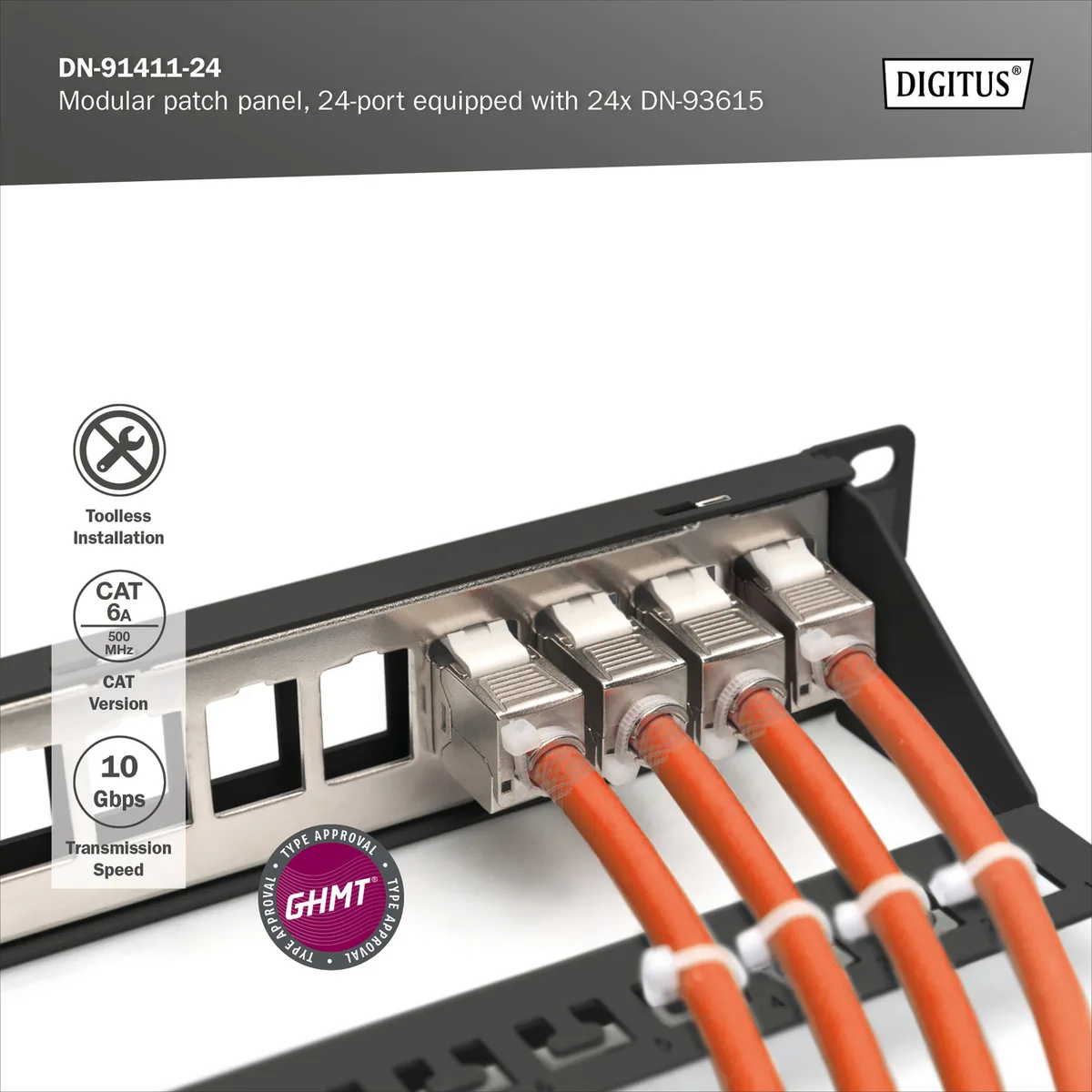 Патч-панель DIGITUS CАТ 6А STP, 19", 1U, 24 порти, модульна