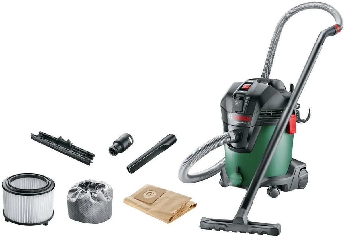 Профессиональный пылесос Bosch AdvancedVac 20, мощность 1200 Вт, всасывающая сила 300 Вт, объем контейнера 20 л, вес 76 кг