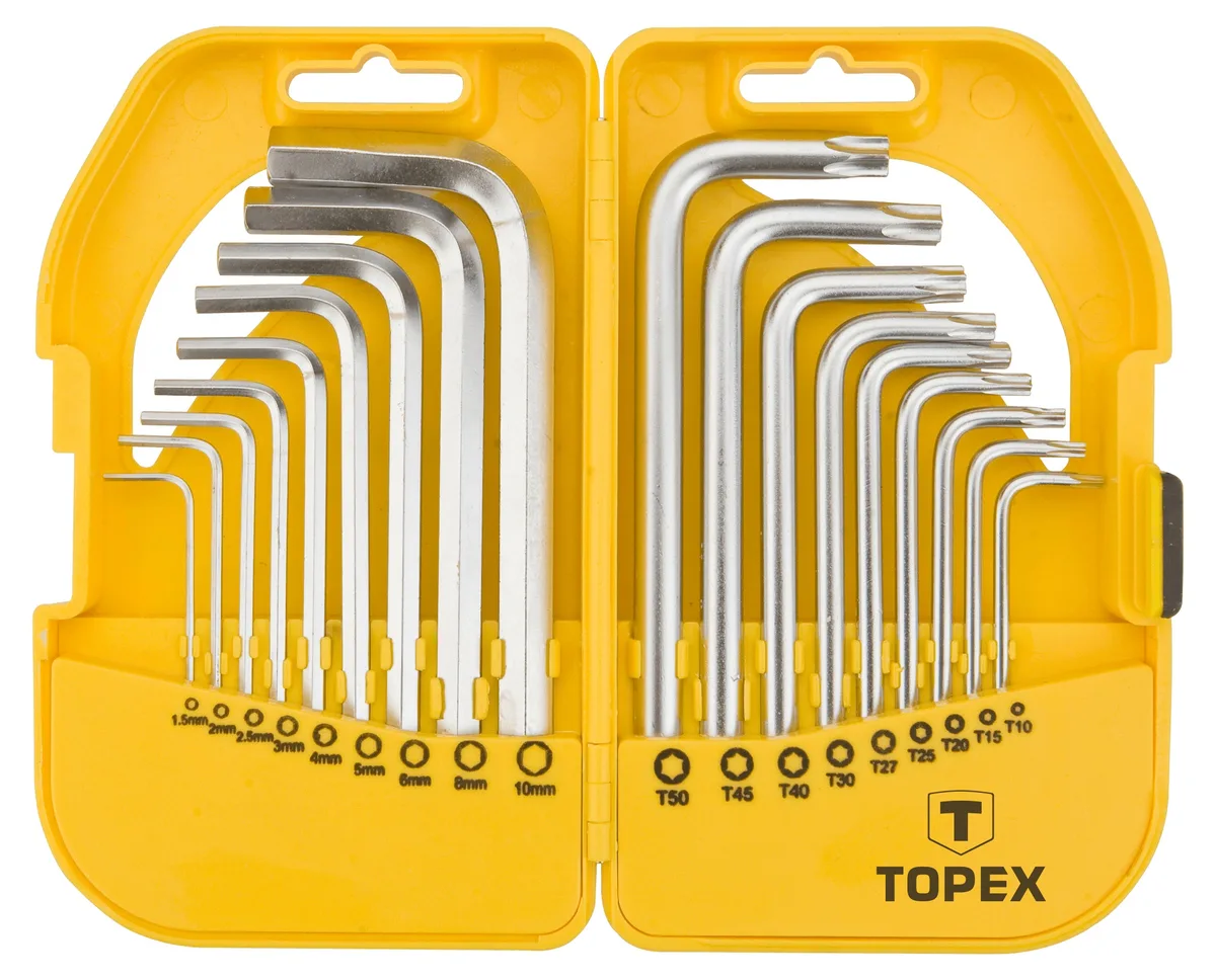 Набір комбінованих ключів TOPEX шестигранних та Torx CrV, 1.5-10мм, T10-T50, 18 шт.