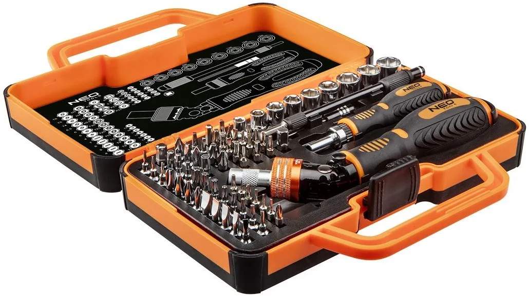 Набір біт з бітотримачем Neo Tools, 1/4", 55 біт, 9 торцевих головок 69шт