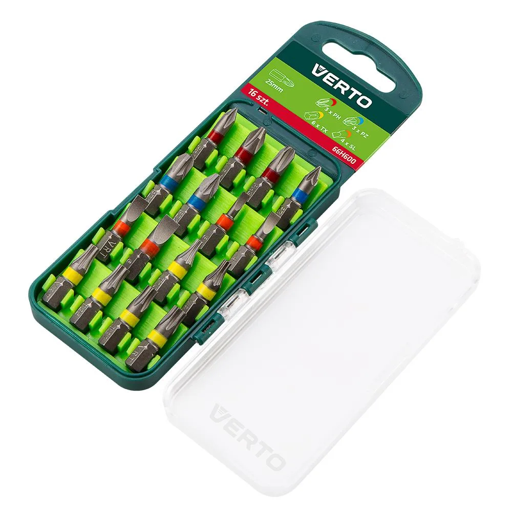 Біти Verto, 1/4", SL, PH, PZ, TX, 25мм, CrV, набір з 16 шт. в кейсі.