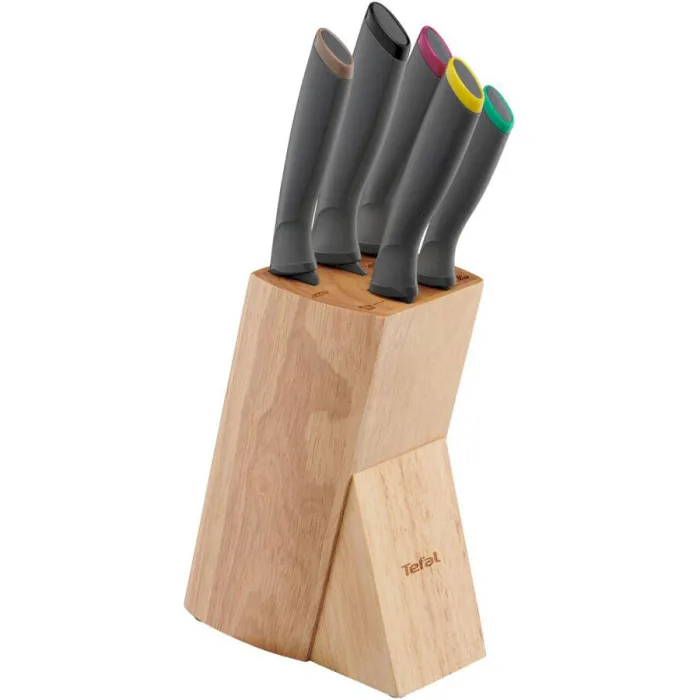 Набор кухонных ножей Tefal Fresh Kitchen, деревянная подставка, 5 шт, из нержавеющей стали, пластика и дерева, черного цвета