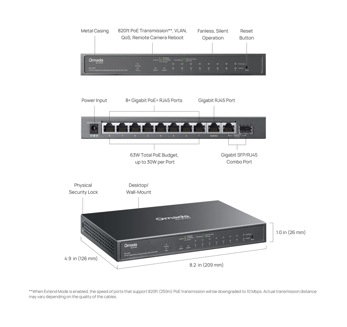 Коммутатор TP-LINK ES210GP 9xGE (8xPoE), 1xSFP/RJ45. 63W, WebSmart