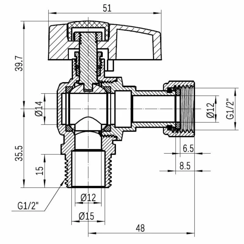 Кран кульовий 1/2" Thermo Alliance кутовий латунь нікель 35х22х29 см