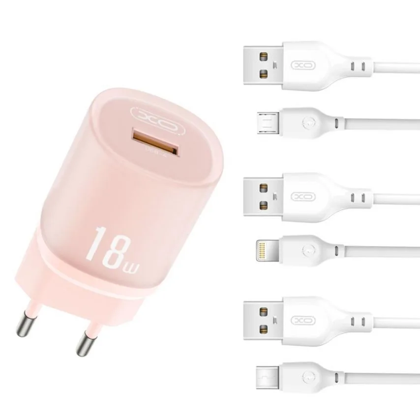 Зарядний пристрій XO 1USB 18W QC3.0 з кабелем Type-C 1м Рожевий